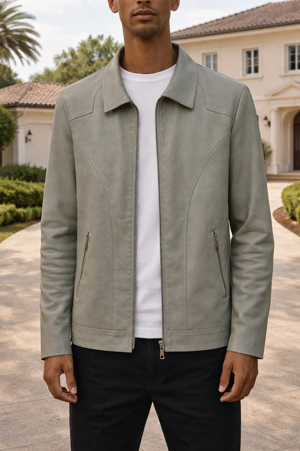 Men's Leather Jacket with Classic Collar Zip Front
