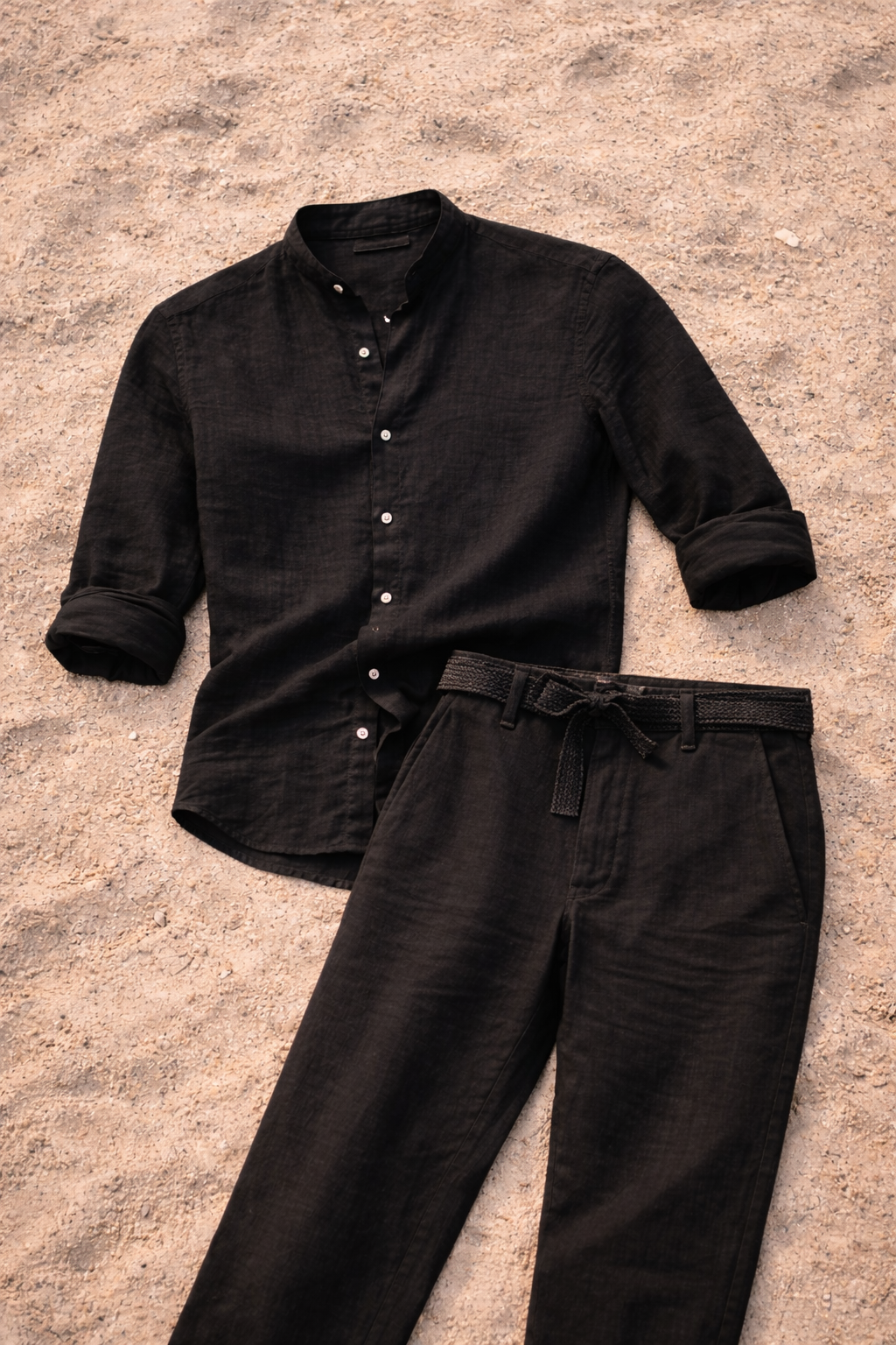 Men's Linen Co Ord Set Relaxed Collarless Shirt