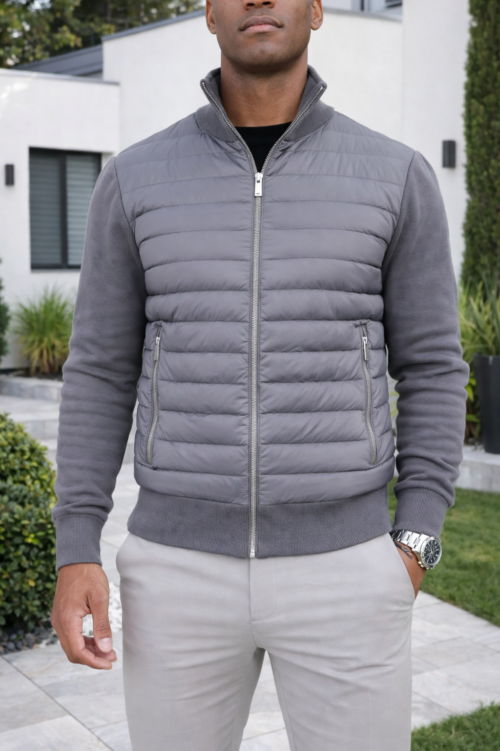 Men's Quilted Zip Front Bomber Jacket Lightweight Padded Outerwear