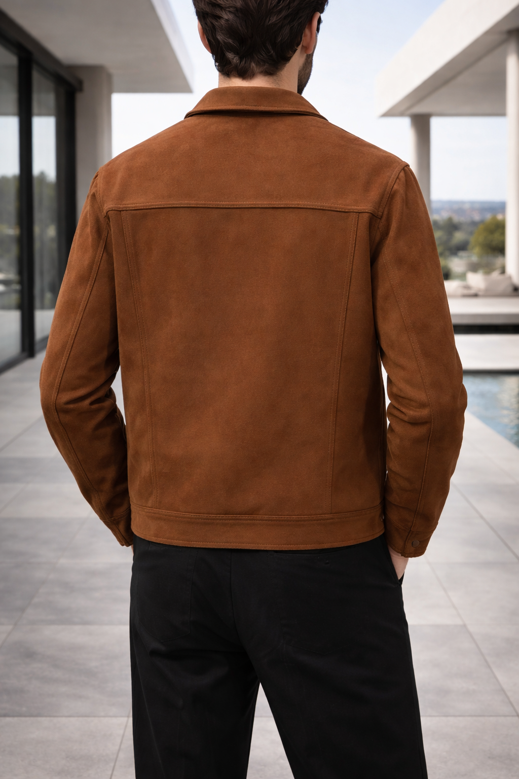 Men's Suede Trucker Jacket with Button Front Closure