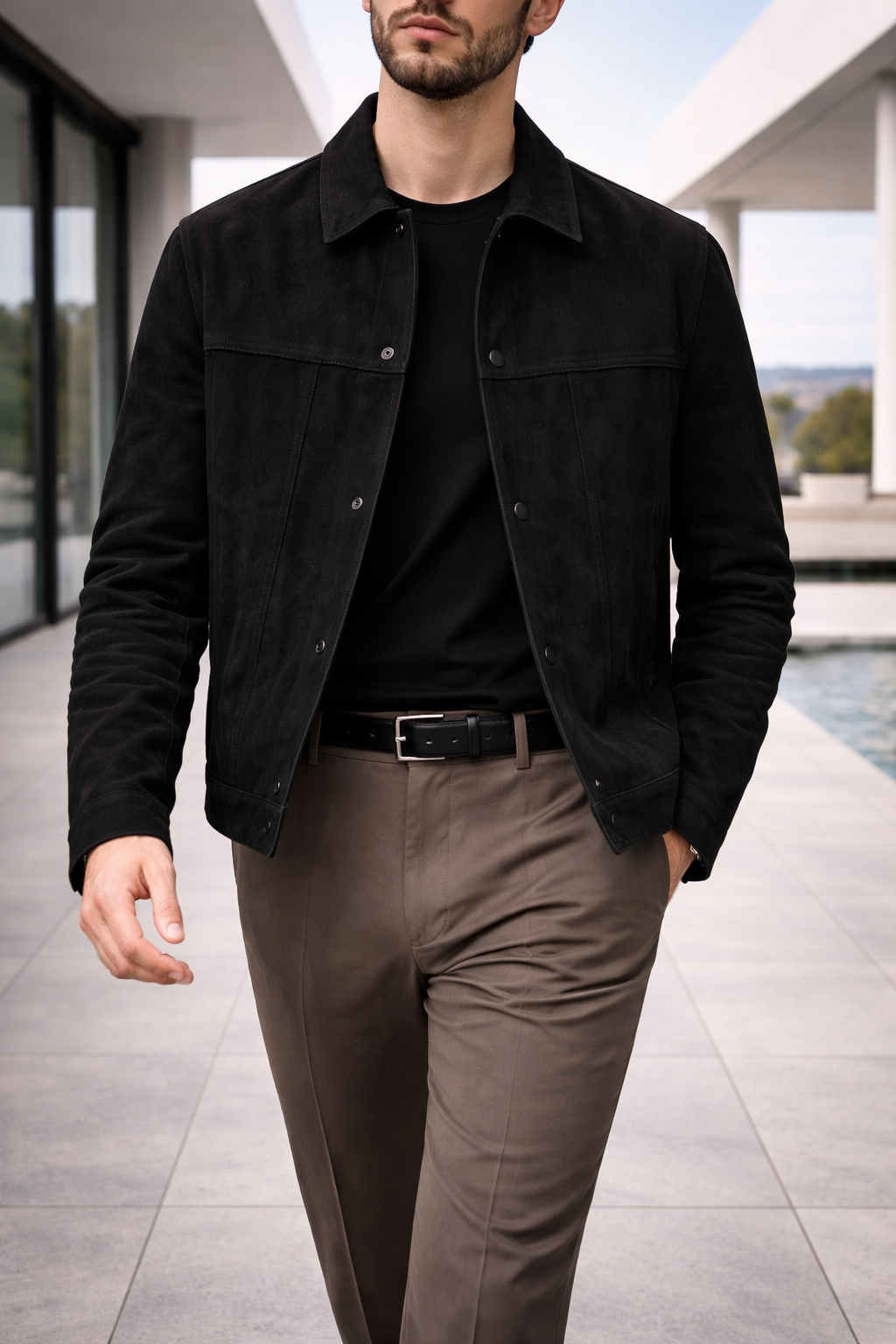 Men's Suede Trucker Jacket with Button Front Closure