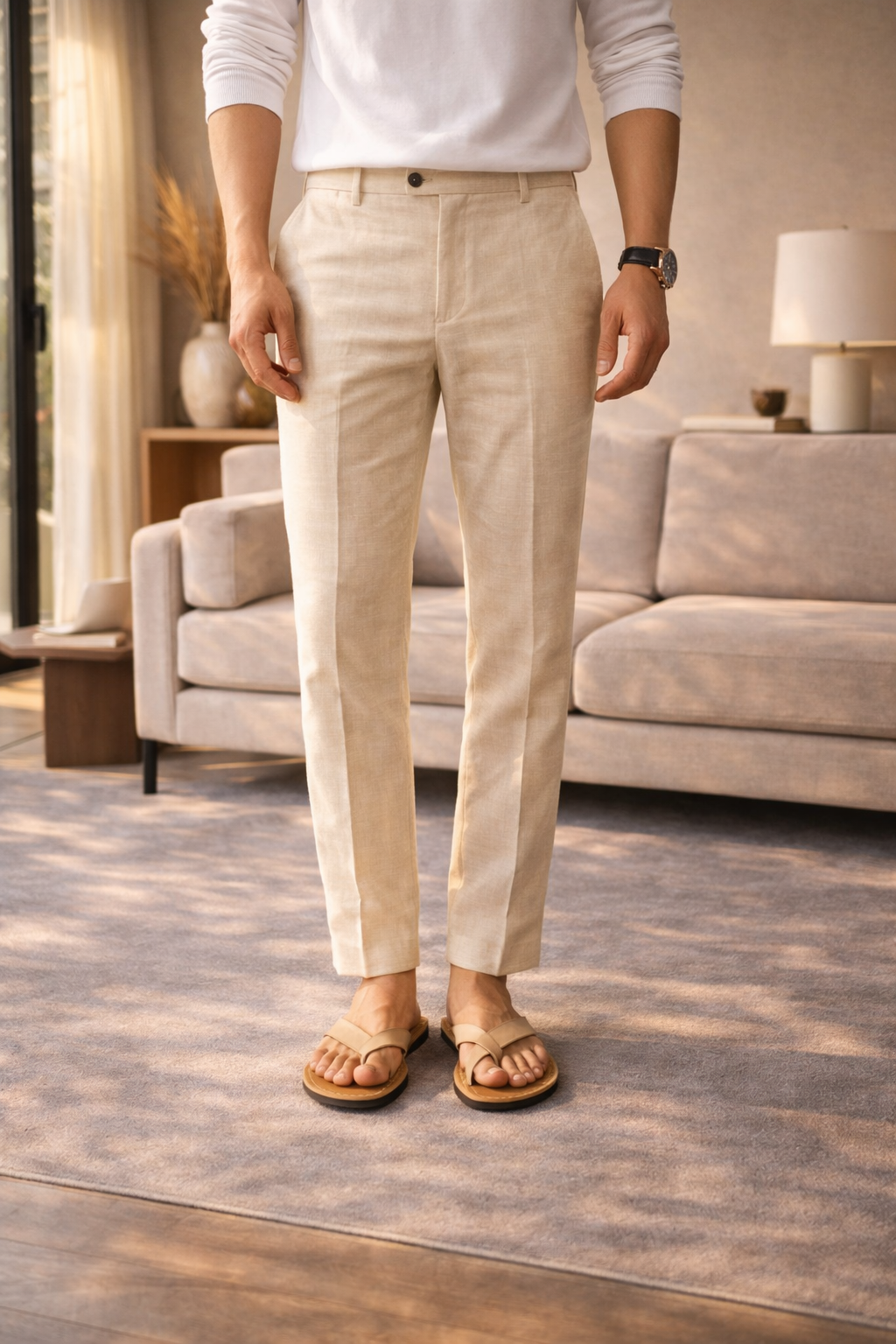 Men's Linen Blend Tailored Trousers Straight Leg Smart Casual