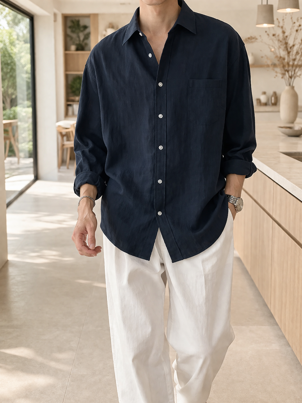 Men's Linen Blend Long Sleeve Shirt Casual Button Front