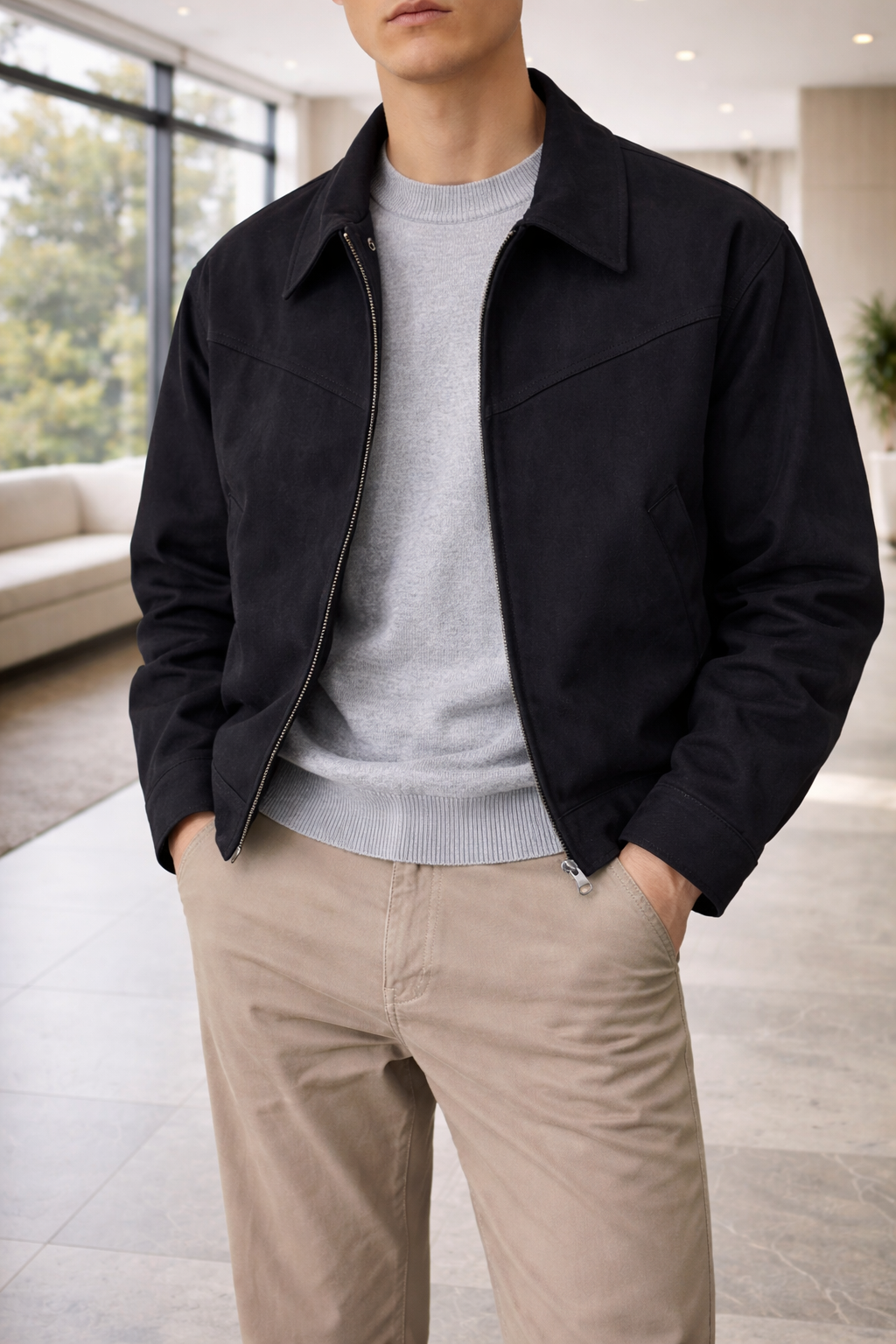 Men's Suede Leather Jacket with Zip Front Collar