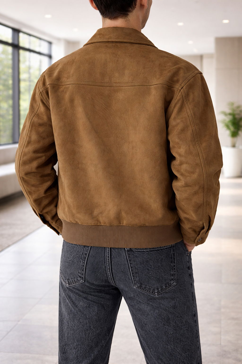 Men's Suede Leather Jacket with Zip Front Collar