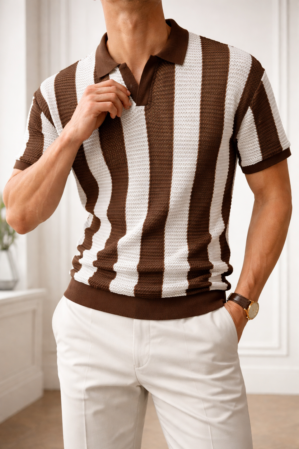 Men's Textured Knit Polo Shirt with Vertical Stripe Design