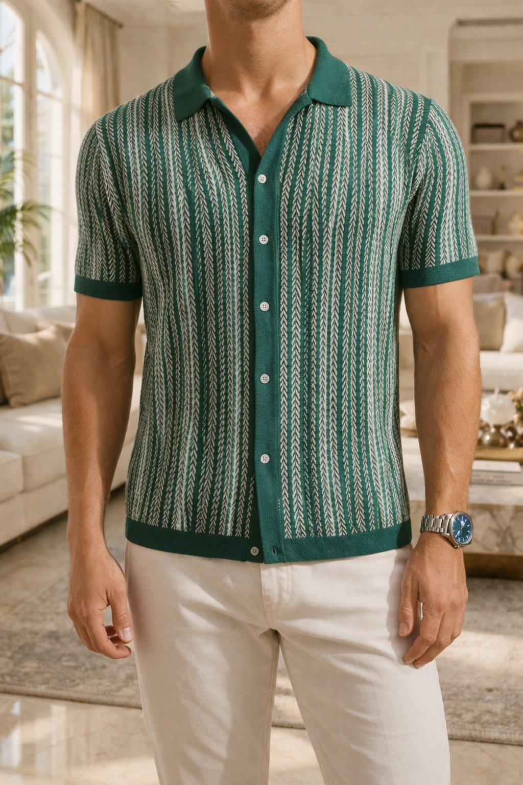 Men's Patterned Knit Button Up Polo Shirt Smart Casual