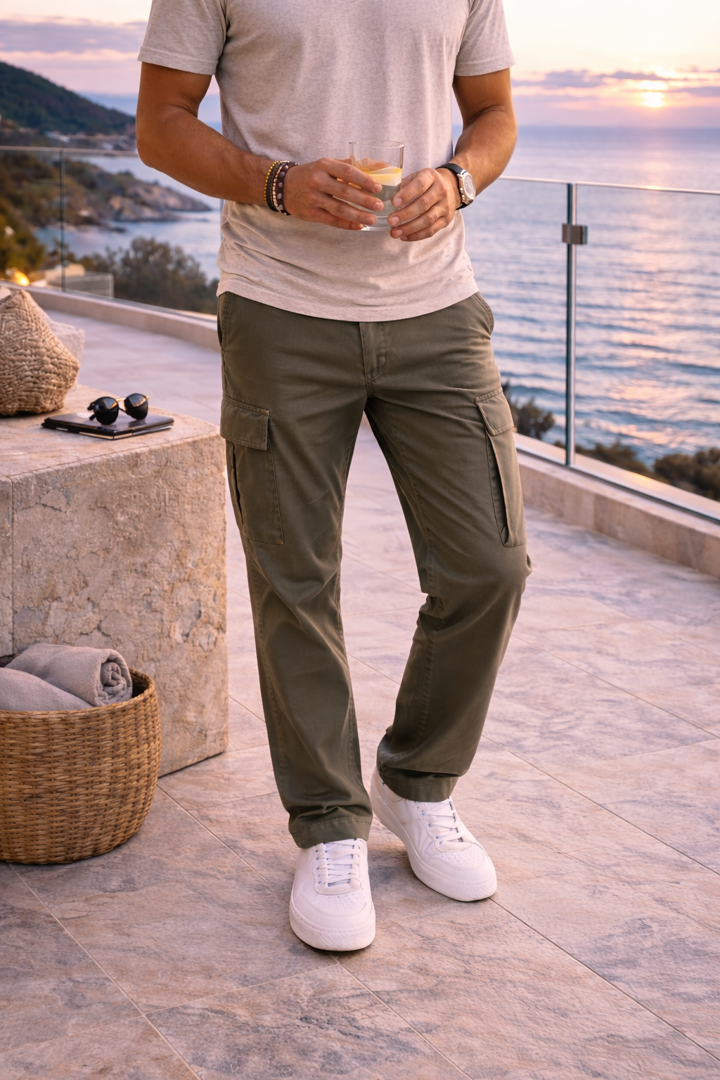 Men's Cotton Twill Cargo Trousers Straight Leg Utility Casual