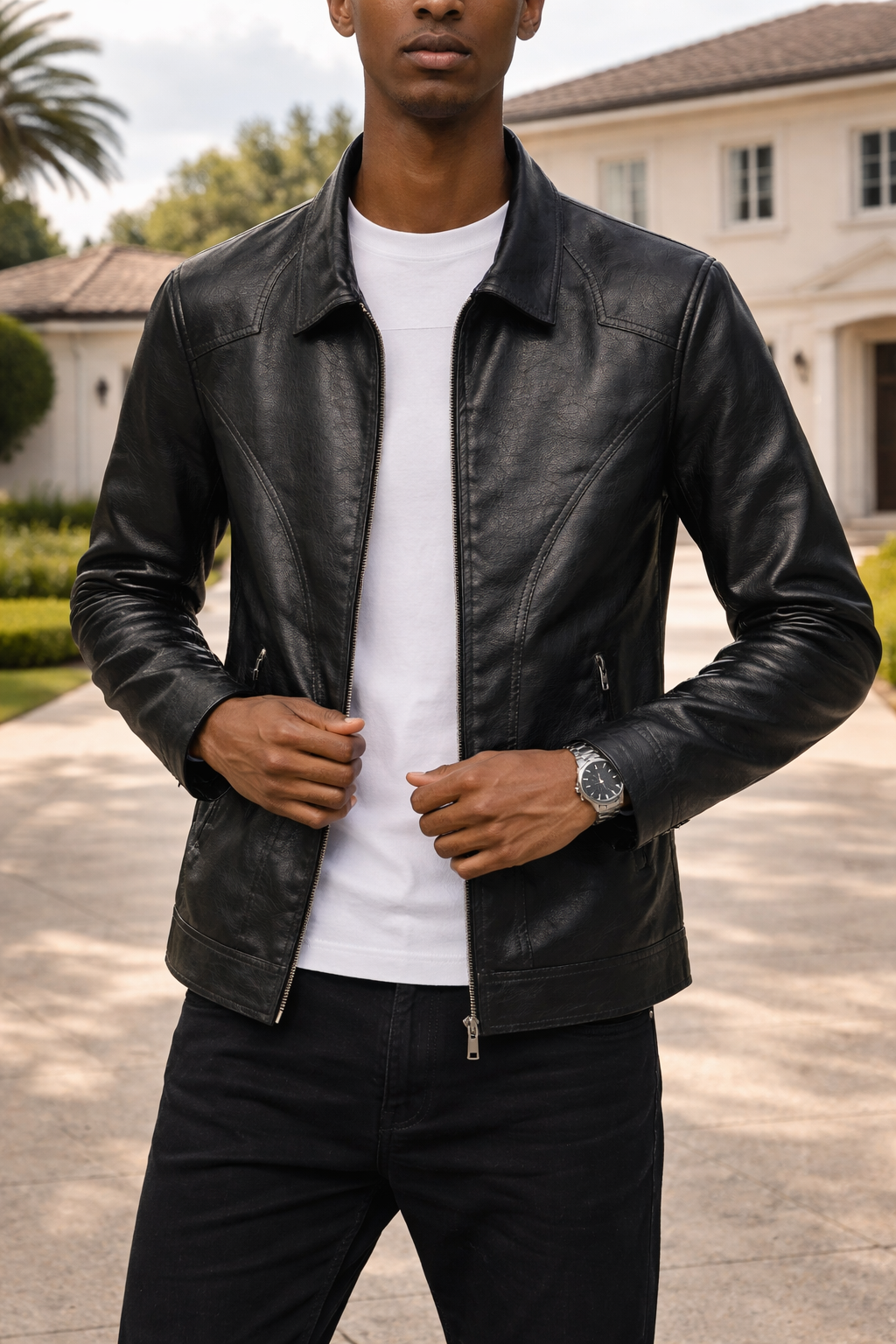 Men's Leather Jacket with Classic Collar Zip Front