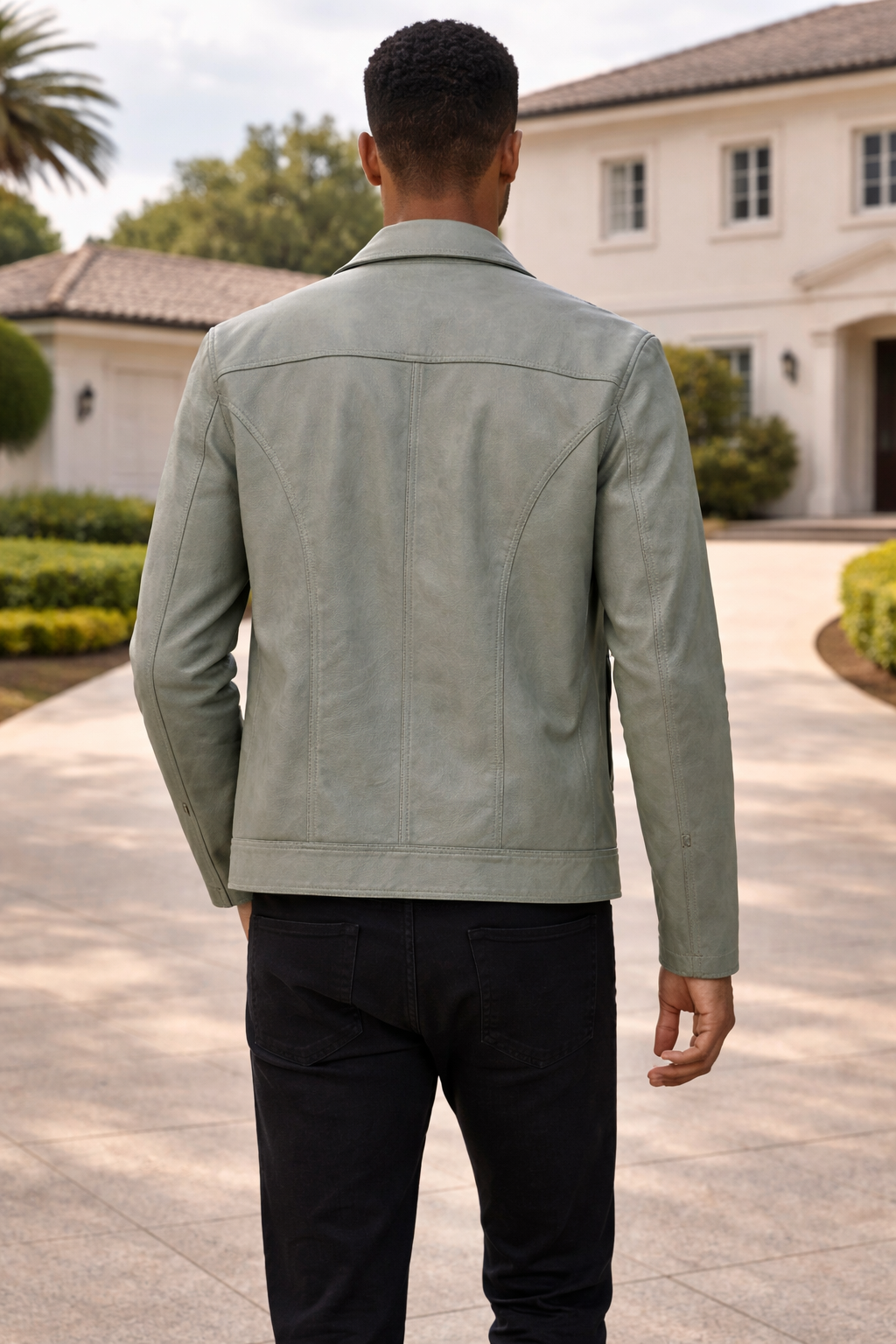 Men's Leather Jacket with Classic Collar Zip Front