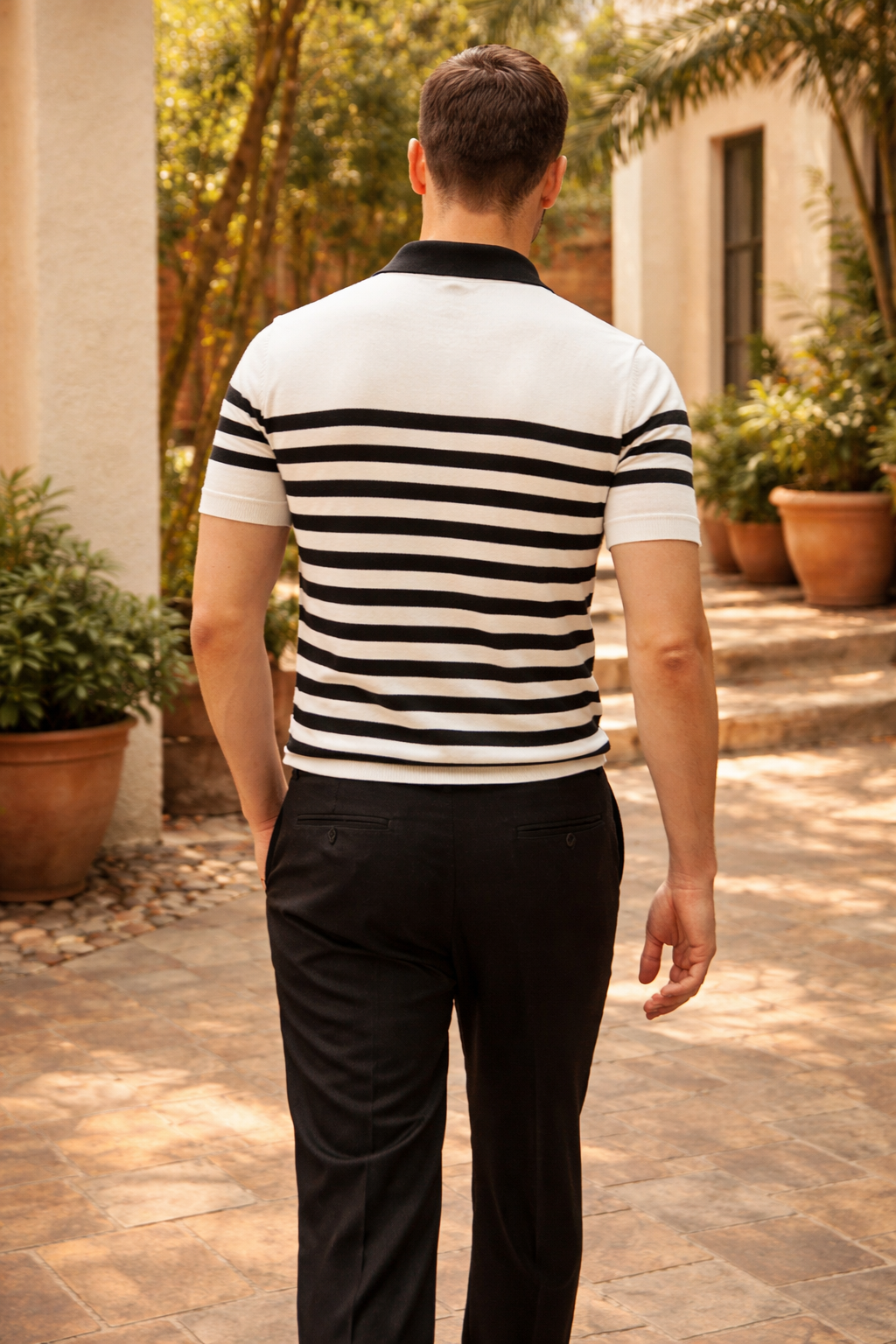 Men's Striped Knit Polo Shirt with Relaxed Fit