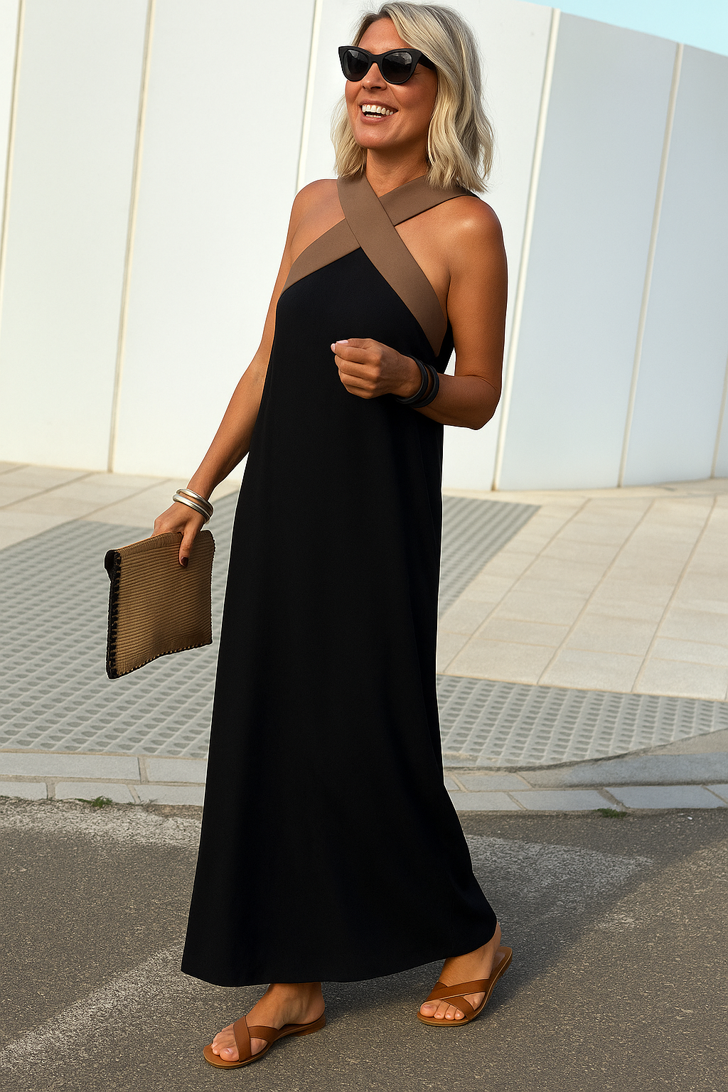 Women's Crossover Halter Maxi Dress With Flowing Silhouette