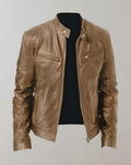 Men's Polished Leather Moto Jacket With Zip Pockets - Khaki