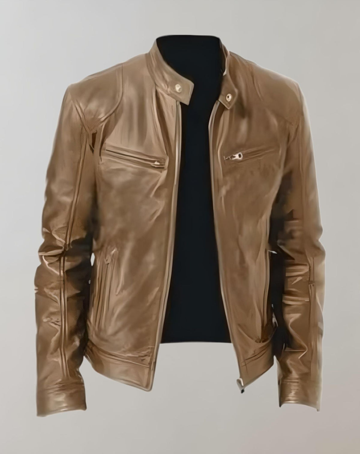 Men's Polished Leather Moto Jacket With Zip Pockets - Khaki