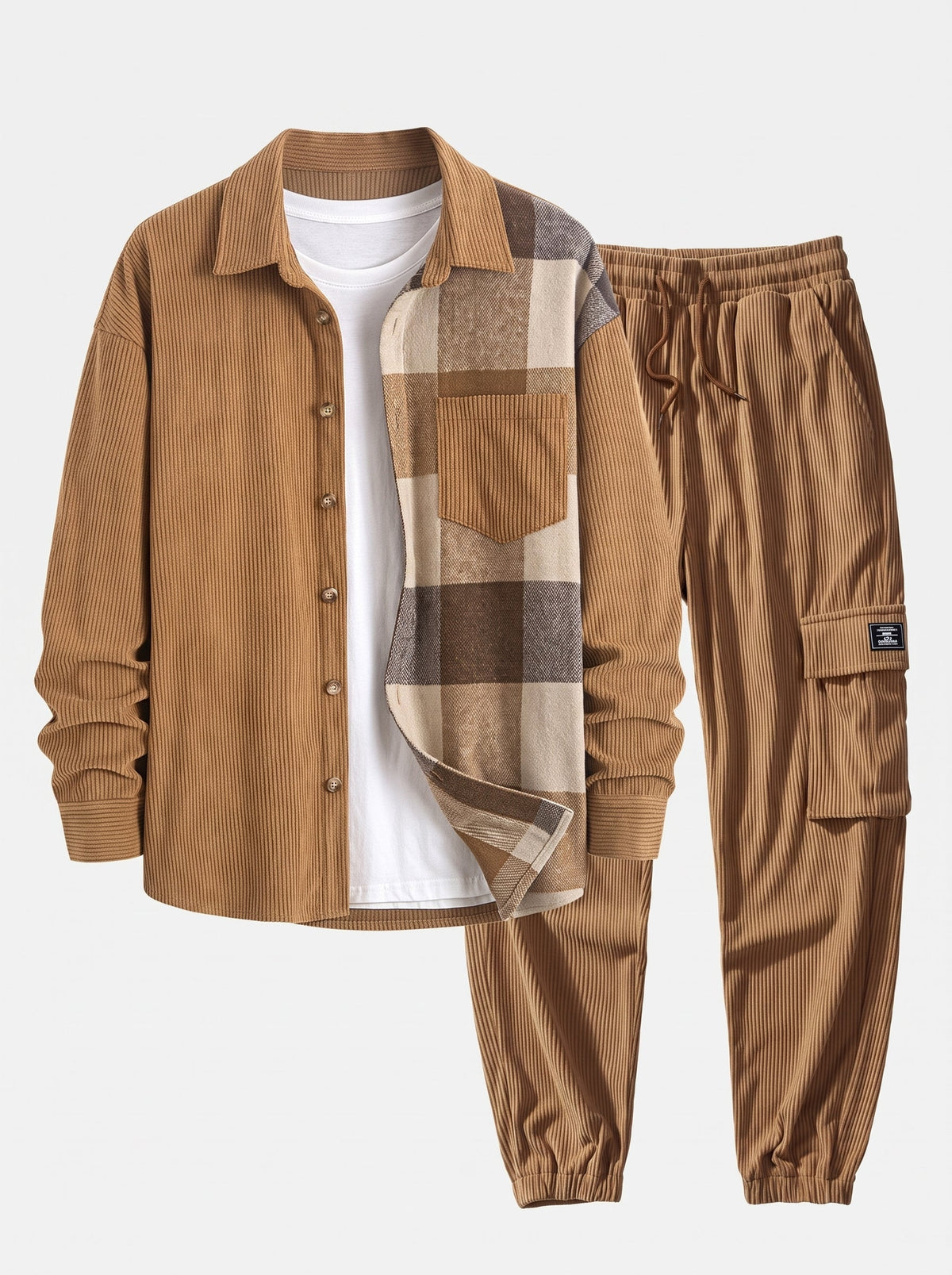 Men's Corduroy Shirt and Cargo Jogger Set Relaxed Autumn