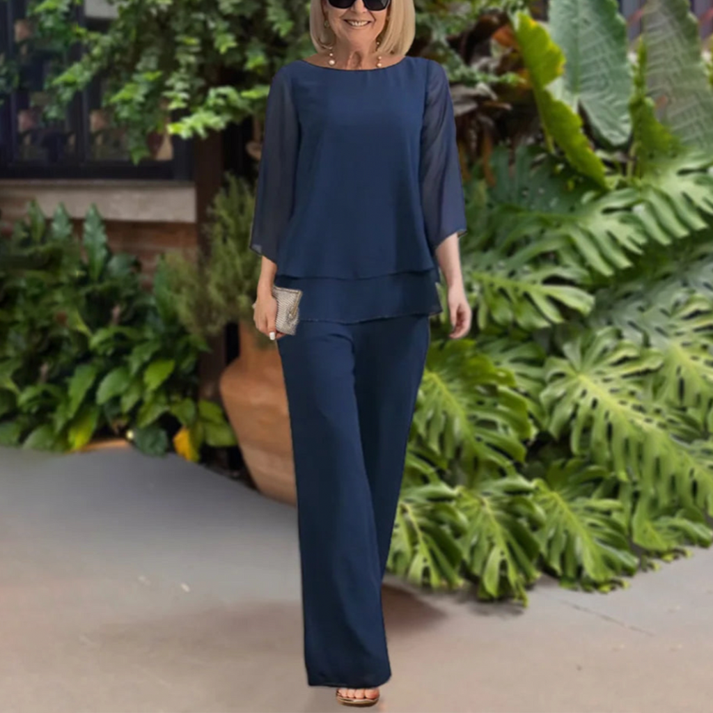 Women's Matching Top and Wide-Leg Trouser Set – Blue