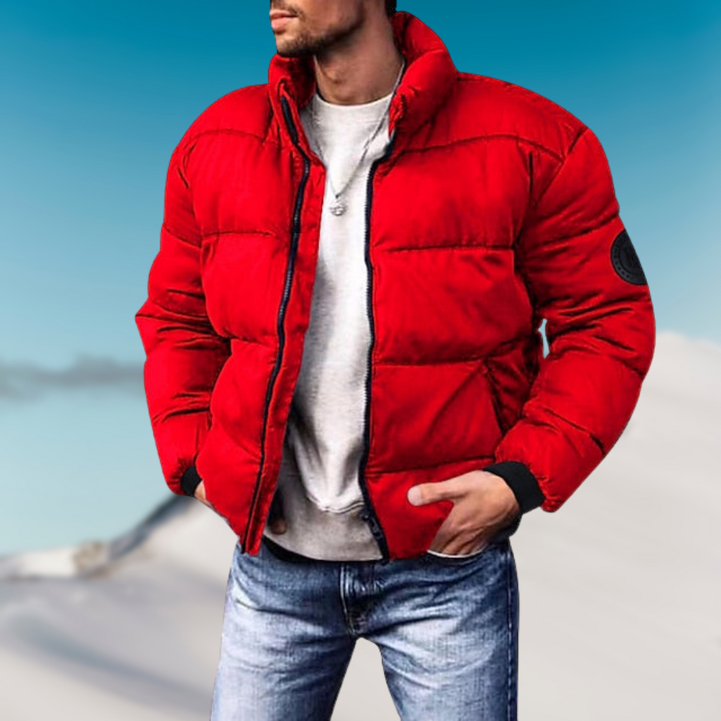 Men's Horizontal-Baffle Down Puffer With Raised Collar - Red