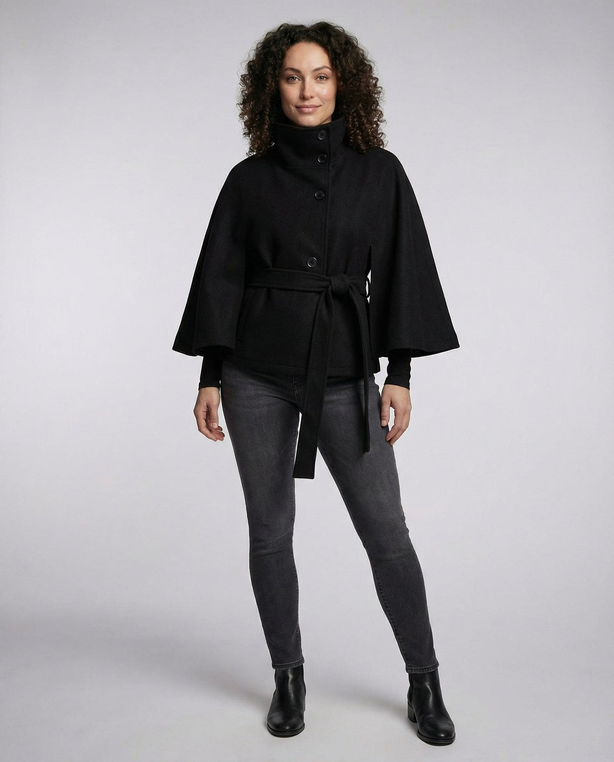 Women's Belted Wool-Blend Cape Jacket – High-Collar Winter
