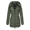 Women's Horizontal-Padded Longline Hooded Winter Jacket - Olive Green
