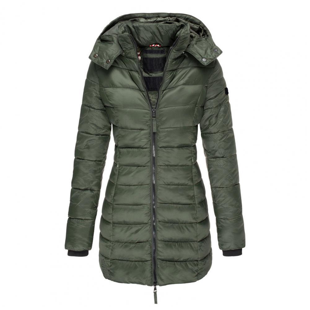 Women's Horizontal-Padded Longline Hooded Winter Jacket - Olive Green