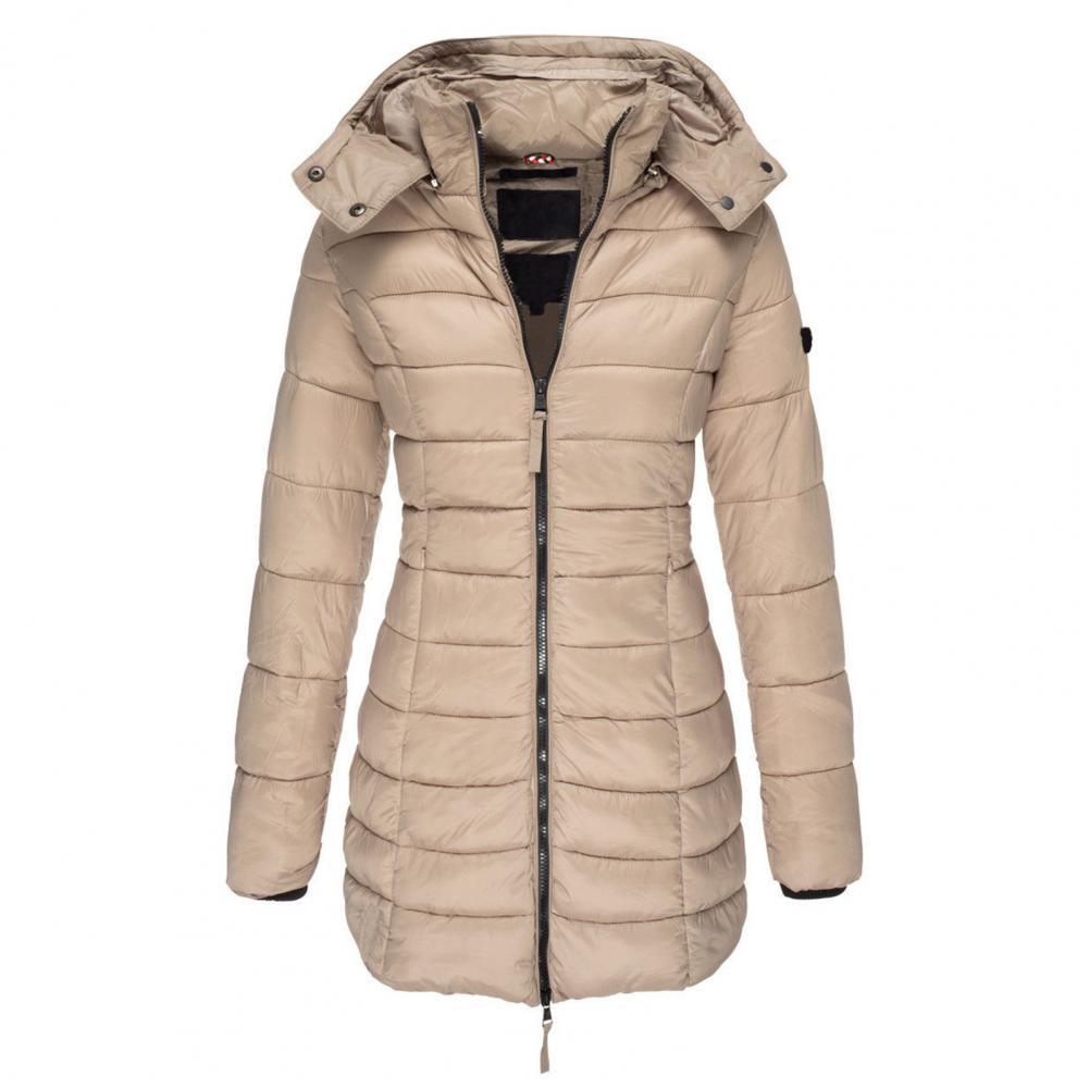 Women's Horizontal-Padded Longline Hooded Winter Jacket - Khaki