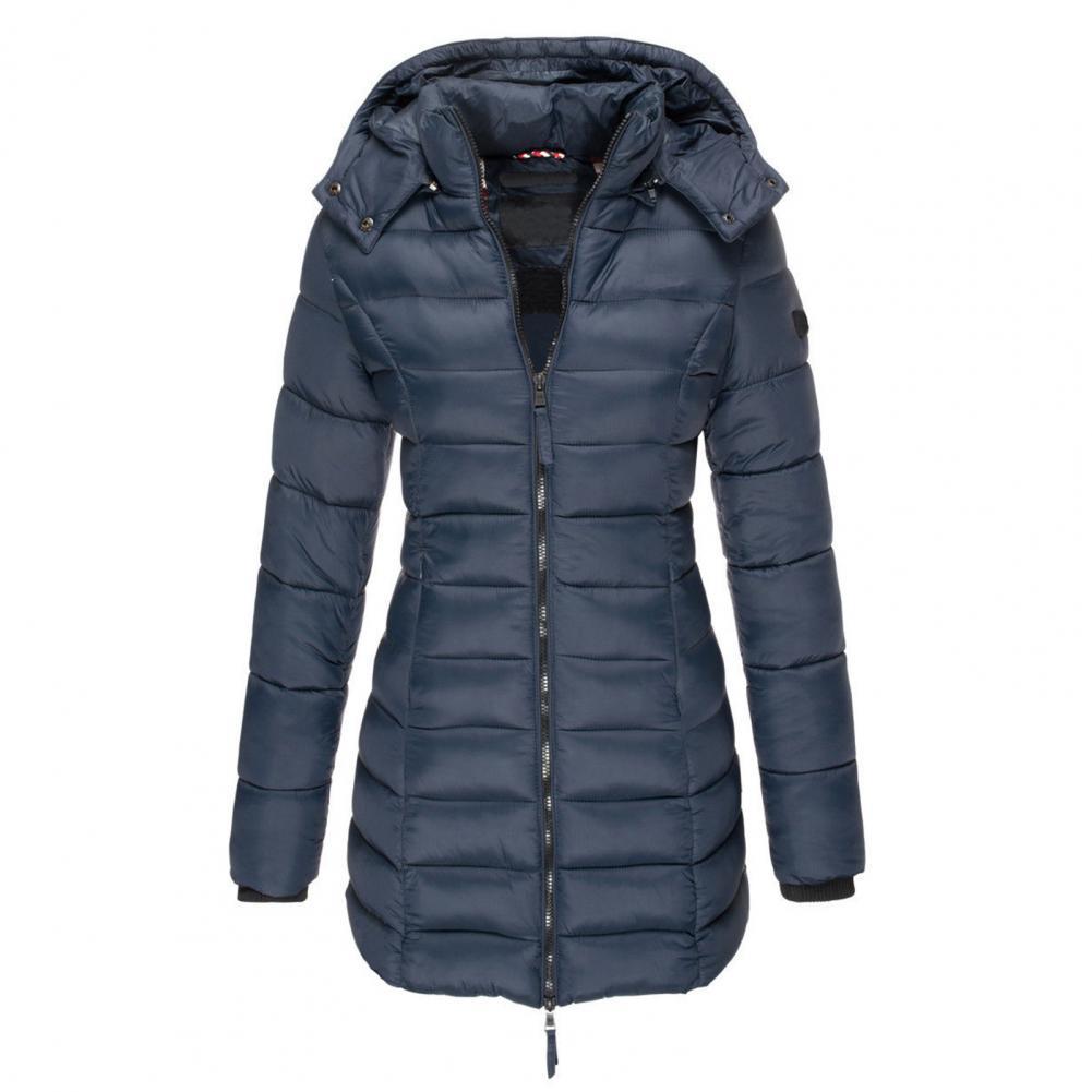 Women's Horizontal-Padded Longline Hooded Winter Jacket - Navy Blue