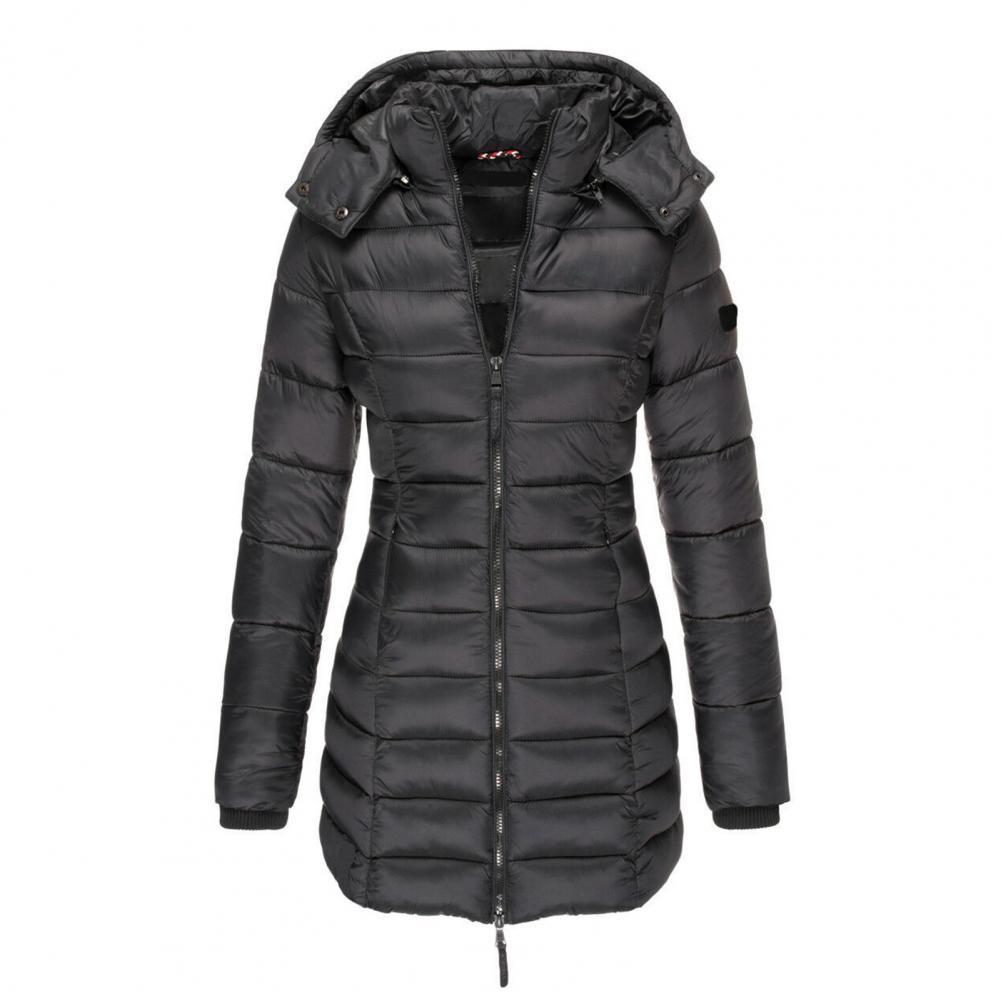 Women's Horizontal-Padded Longline Hooded Winter Jacket - Black