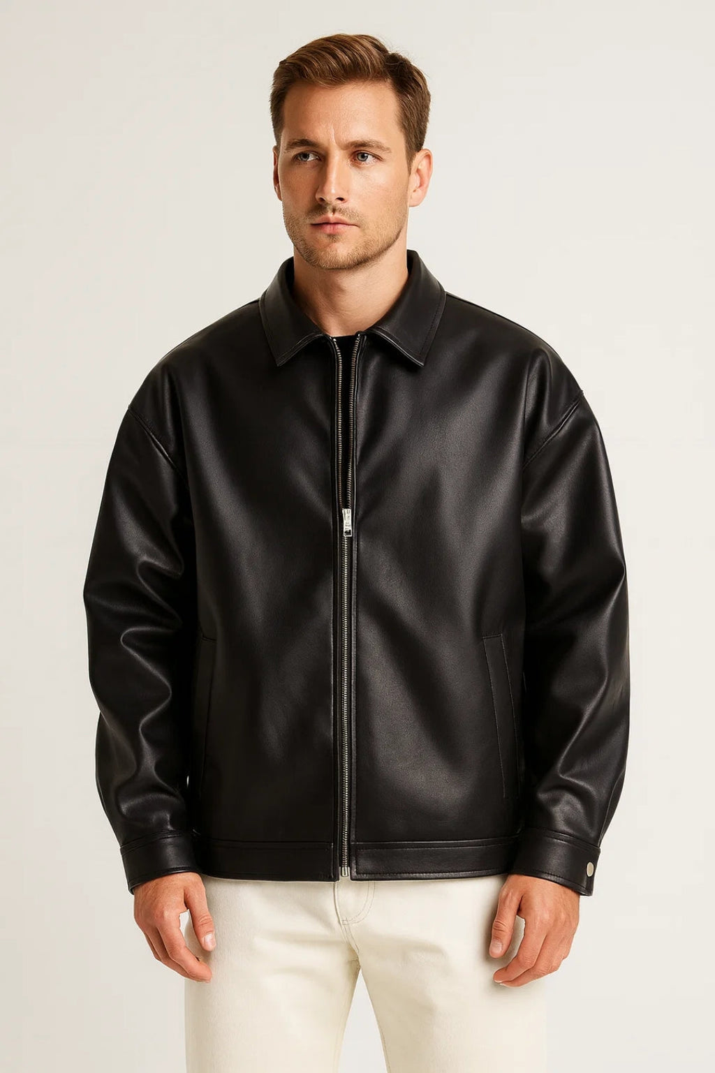 Men's Oversized Biker Jacket with Classic Collar and Zip