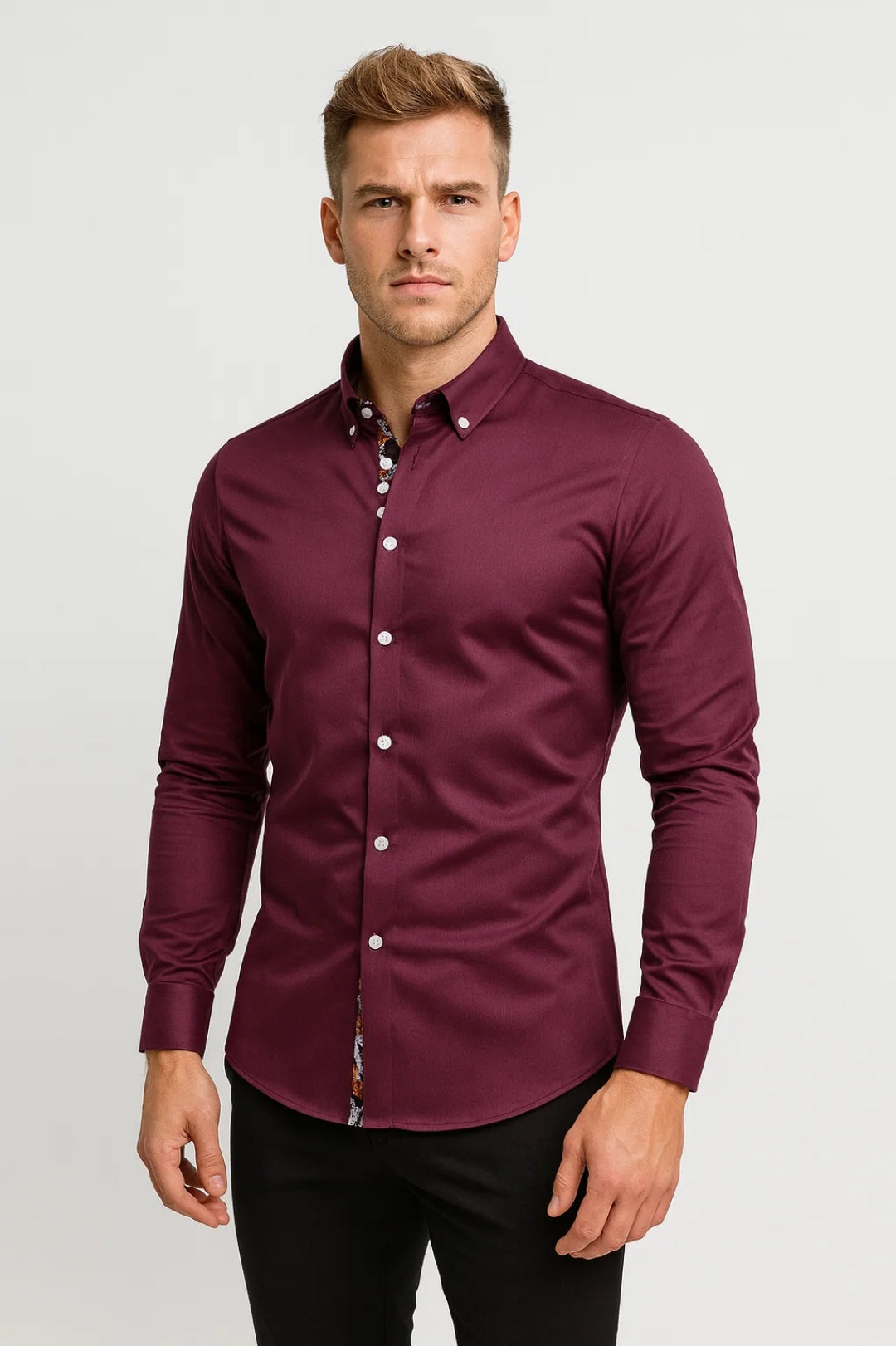 Men's Printed Trim Shirt with Tailored Button Collar