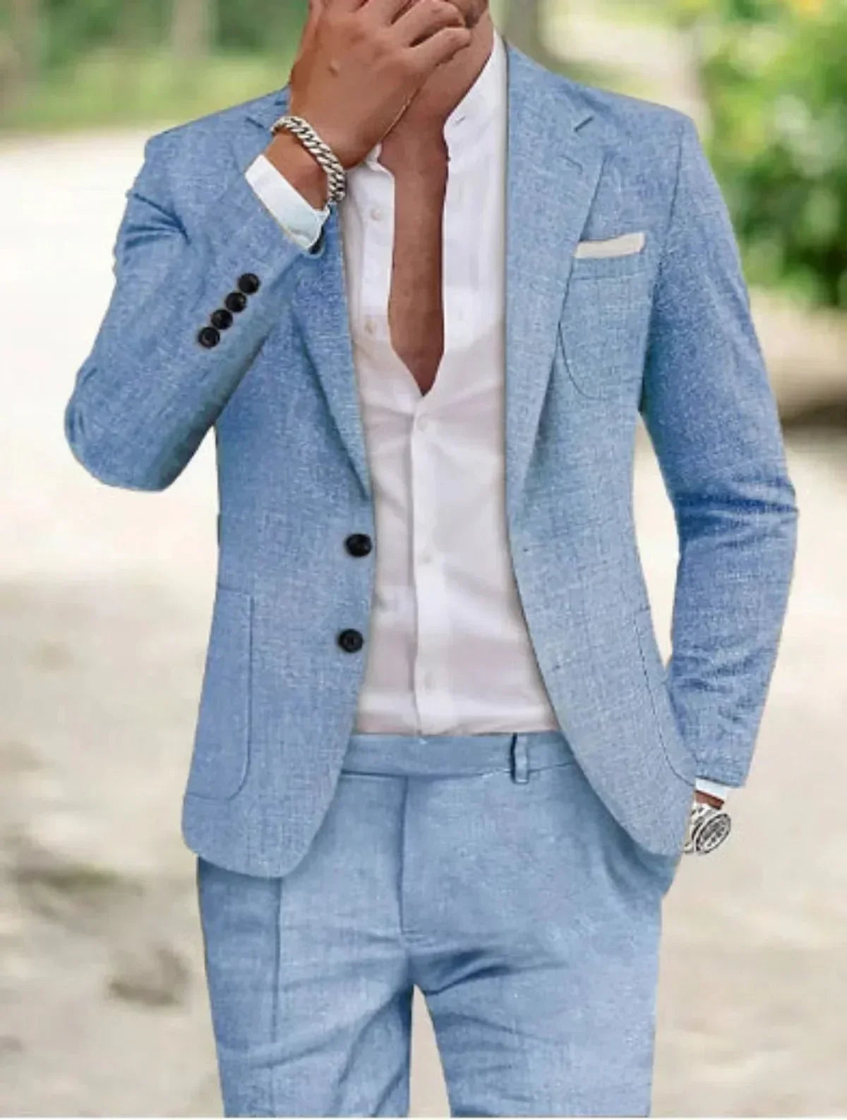 Men's Two Piece Wedding Linnen Suit Tailored Two Button