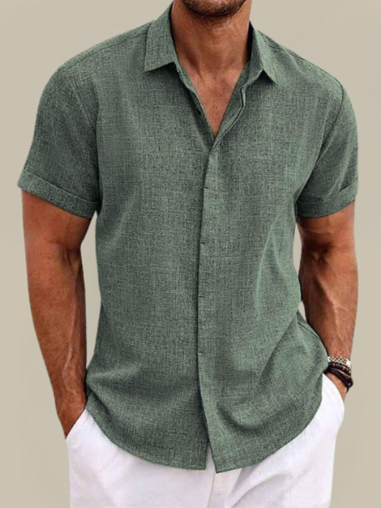 Men's Linen Short Sleeve Shirt Breathable Lightweight Button Up
