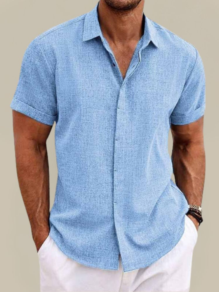 Men's Linen Short Sleeve Shirt Breathable Lightweight Button Up