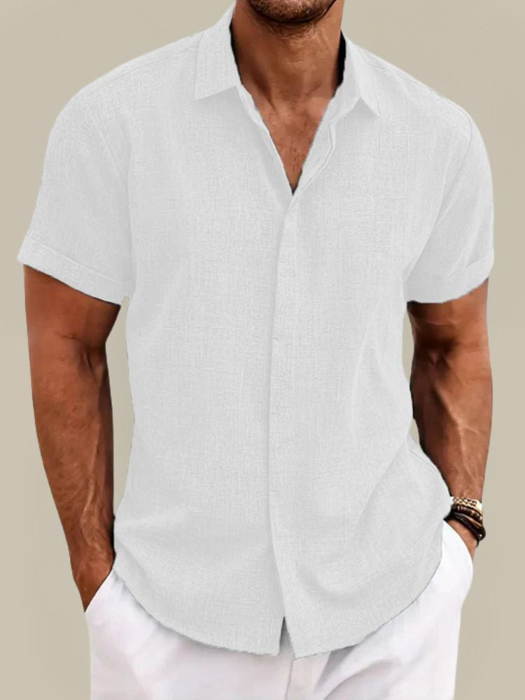Men's Linen Short Sleeve Shirt Breathable Lightweight Button Up