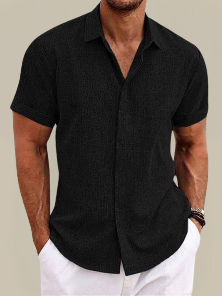 Men's Linen Short Sleeve Shirt Breathable Lightweight Button Up