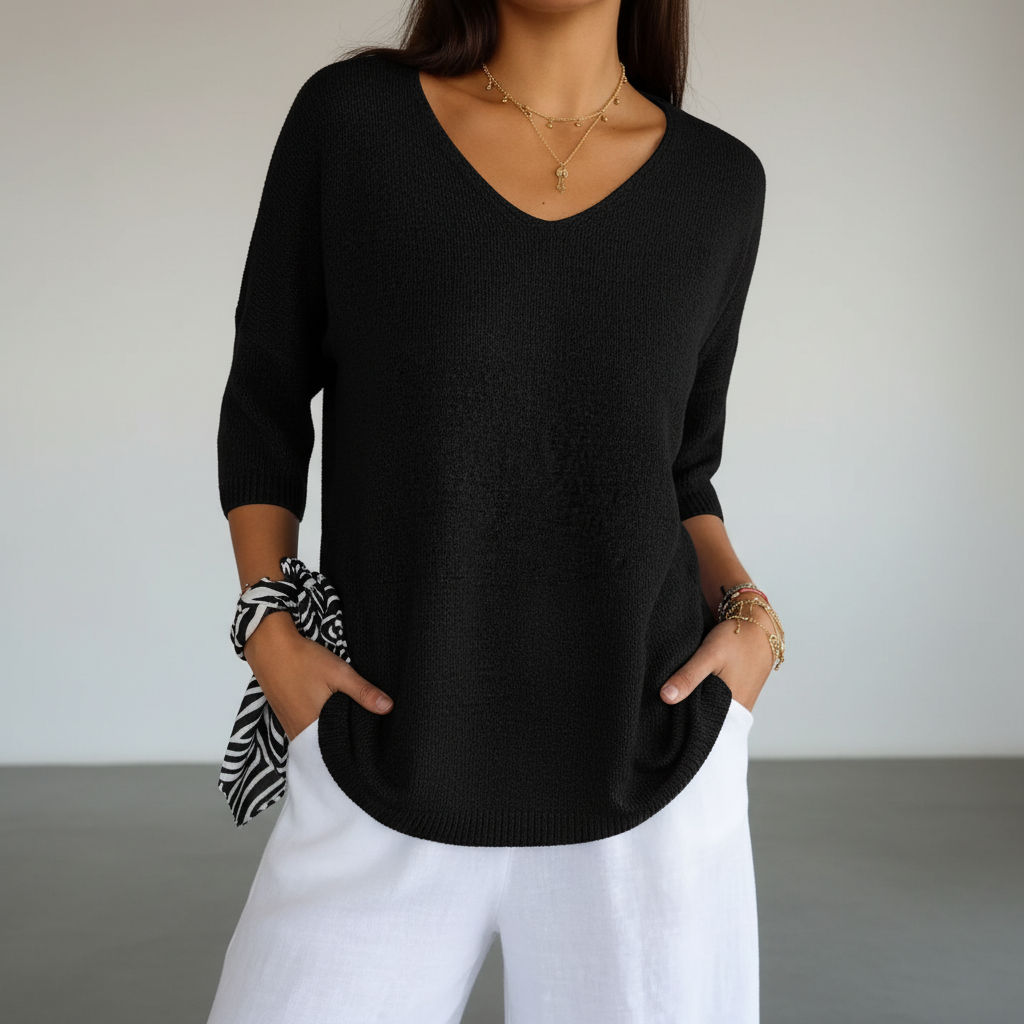 Women's Lightweight V Neck Knit Top Relaxed Three