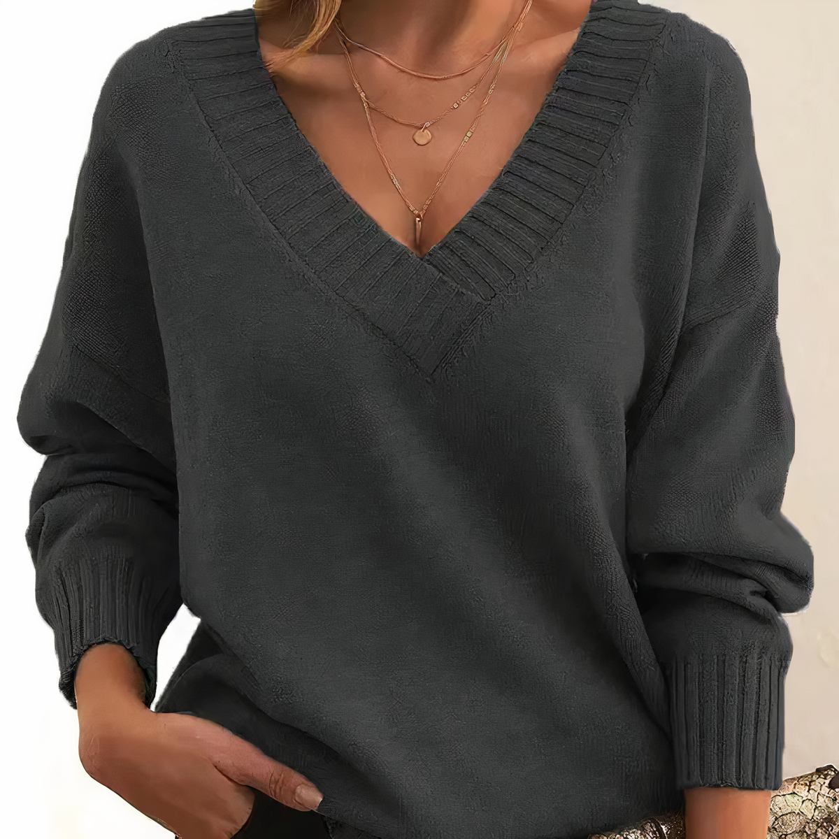 Women's Deep V-Neck Knitted Jumper Relaxed Long Sleeve