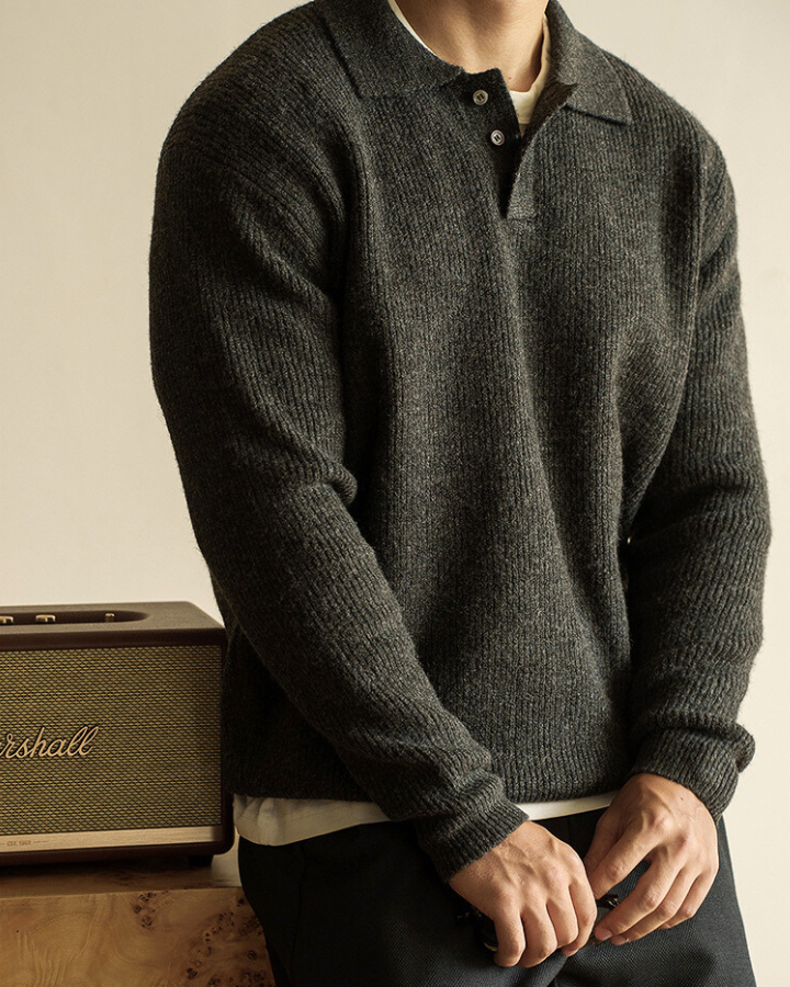 Men's Ribbed Polo Neck Sweater Buttoned Knit for Autumn