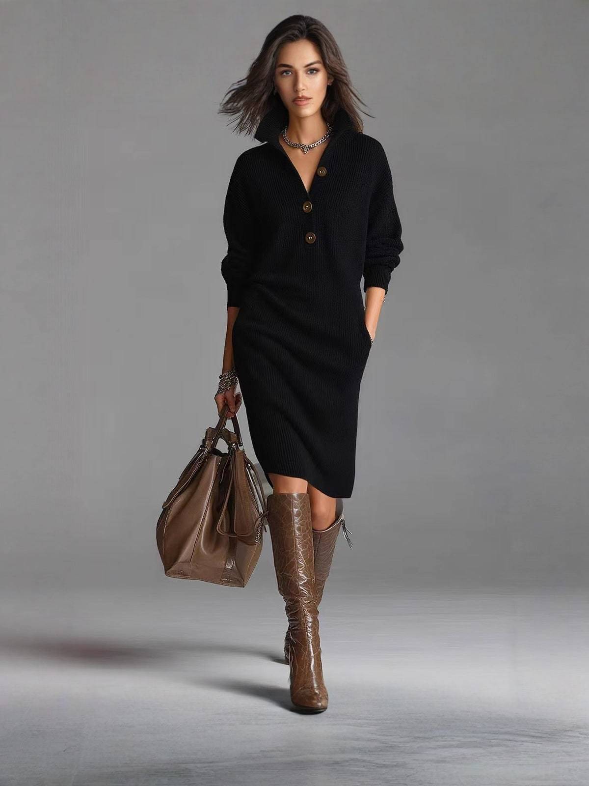 Women's Rib Knit Button Neck Jumper Dress with Side Pockets