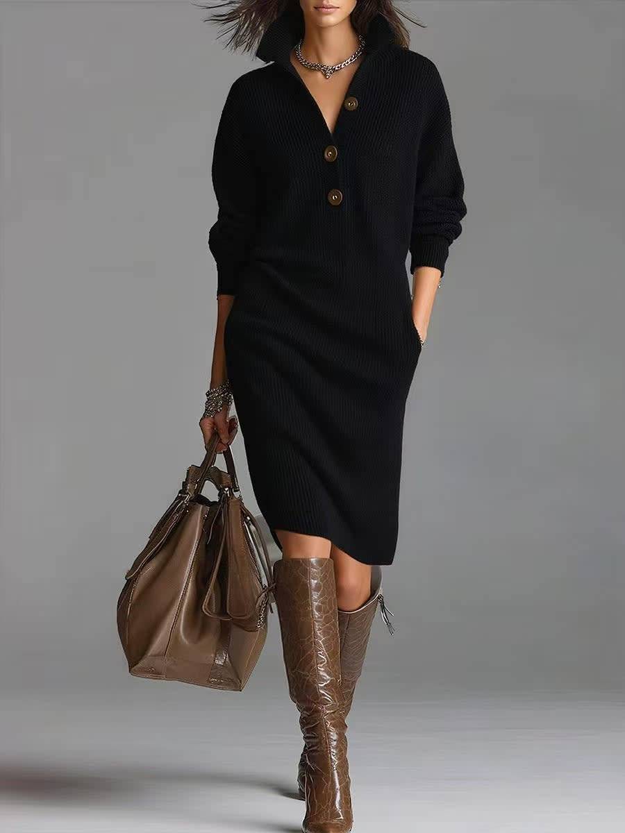 Women's Rib Knit Button Neck Jumper Dress with Side Pockets - Black