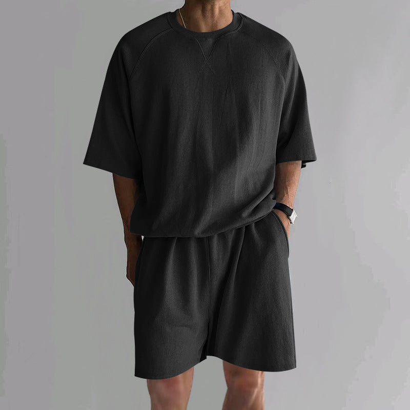 Men's Terry Drawstring Shorts and Relaxed Raglan T Shirt