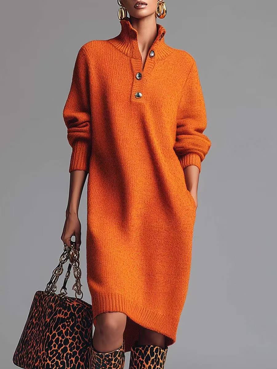Women's Rib Knit Button Neck Jumper Dress with Side Pockets - Orange