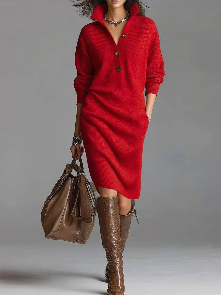 Women's Rib Knit Button Neck Jumper Dress with Side Pockets - Red