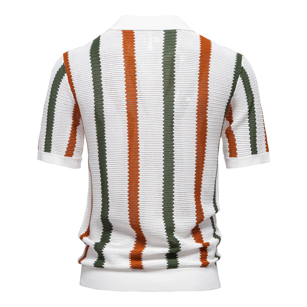Men's Knit Polo Shirt Vertical Stripe Open Collar Top