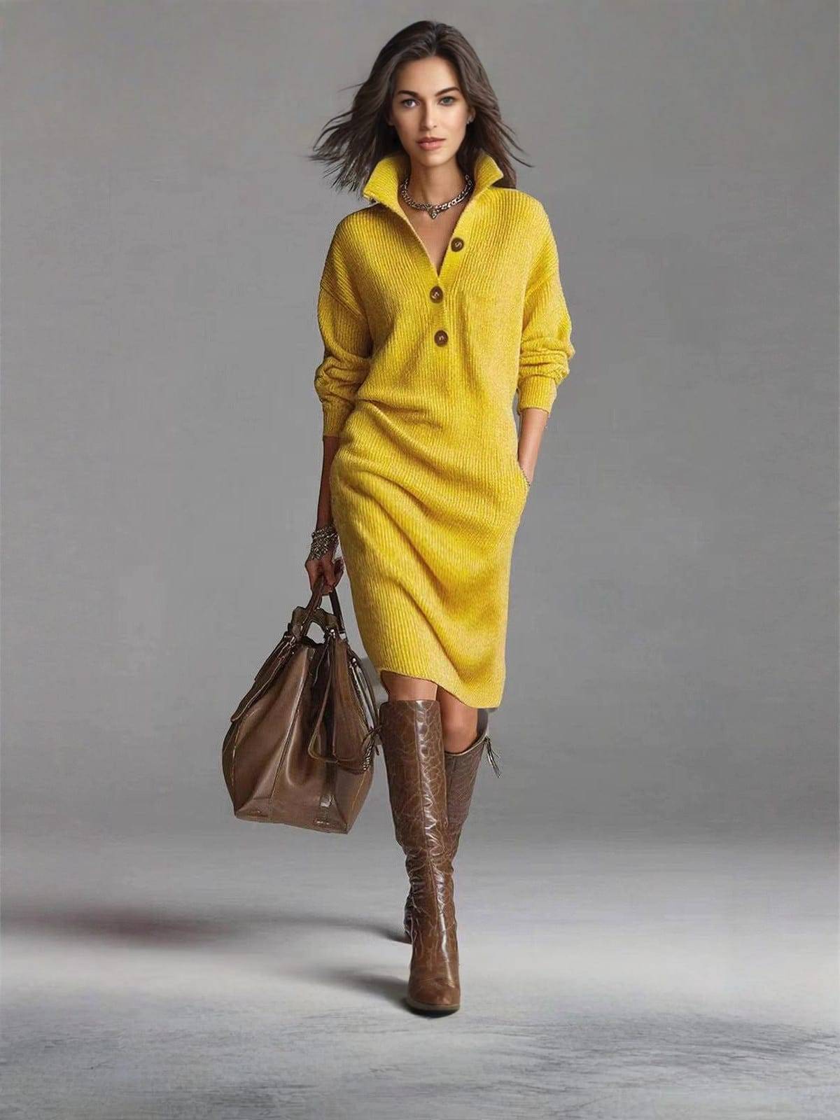 Women's Rib Knit Button Neck Jumper Dress with Side Pockets