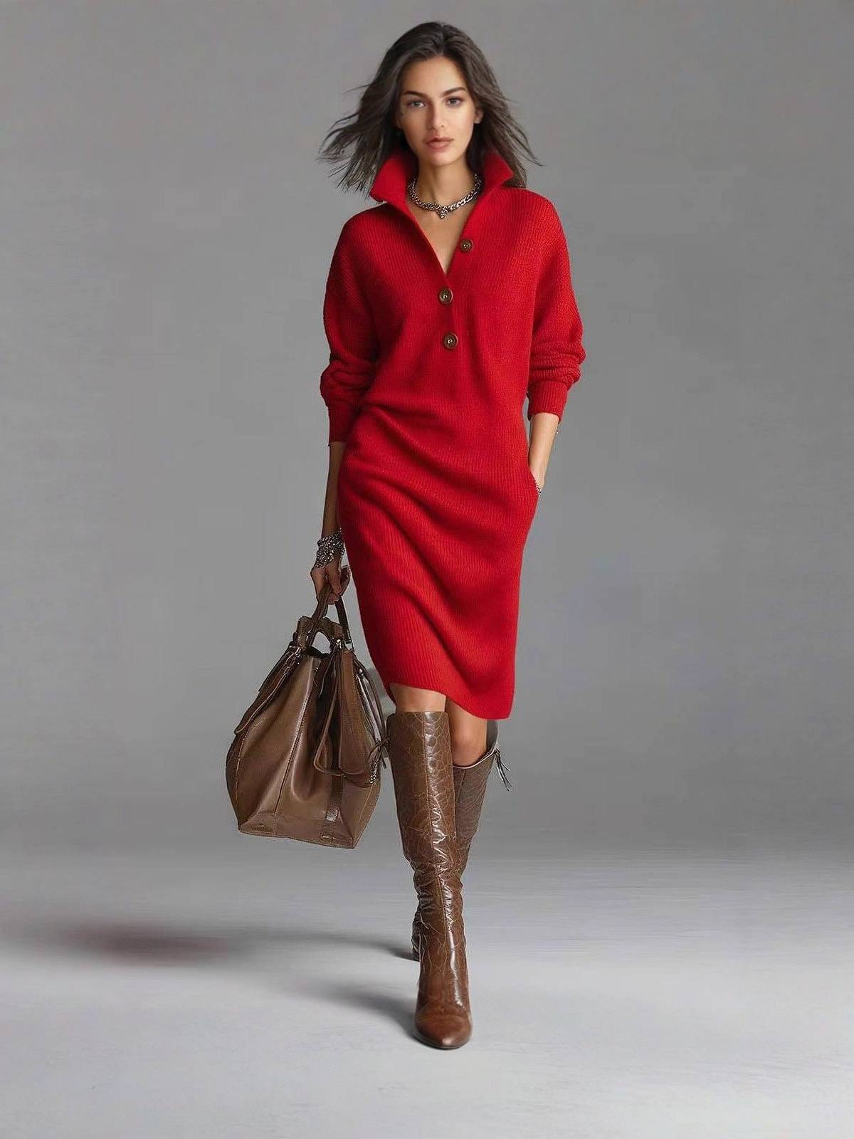 Women's Rib Knit Button Neck Jumper Dress with Side Pockets