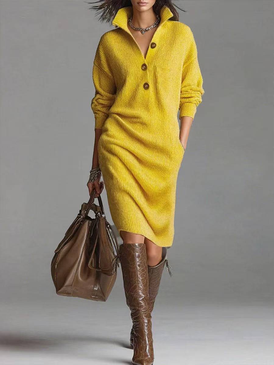 Women's Rib Knit Button Neck Jumper Dress with Side Pockets - Yellow