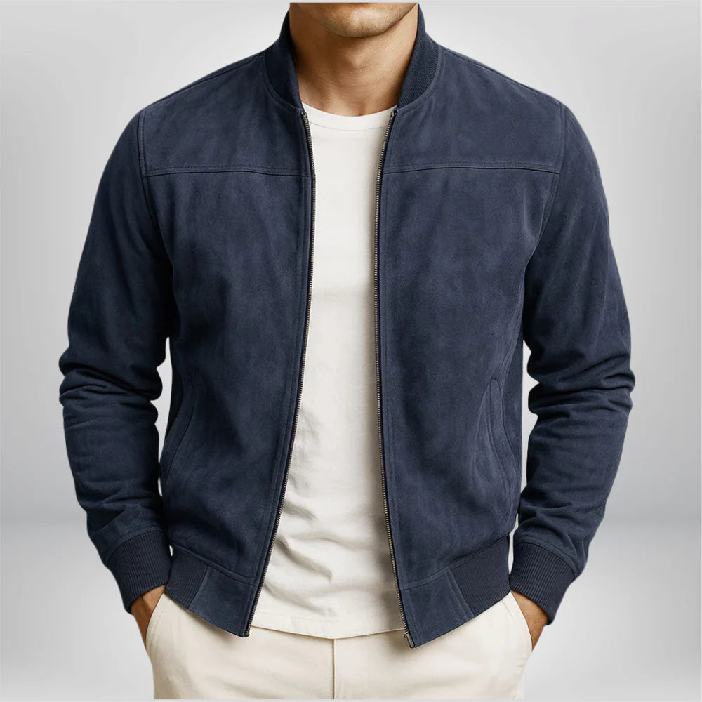Men's Suede Leather Bomber Jacket Slim Fit Zip Up