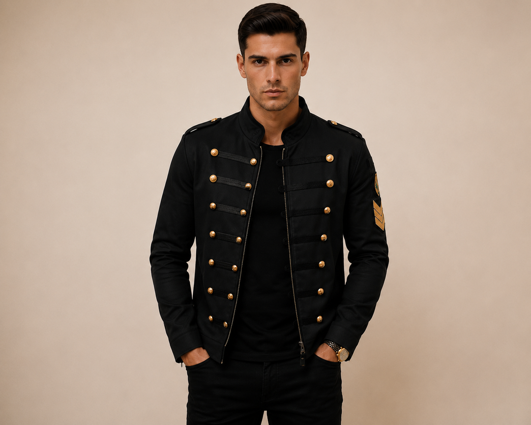 Men's Military Style Stand Collar Jacket with Button Accents