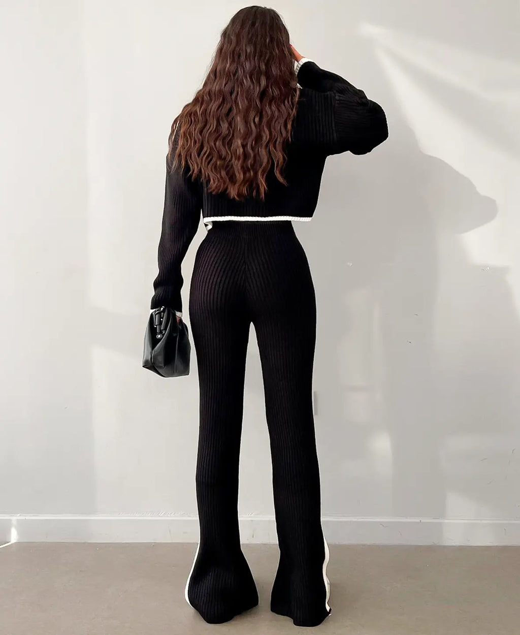 Women's Contrast Trim Rib Knit Crop Top and Trouser Two-Piece