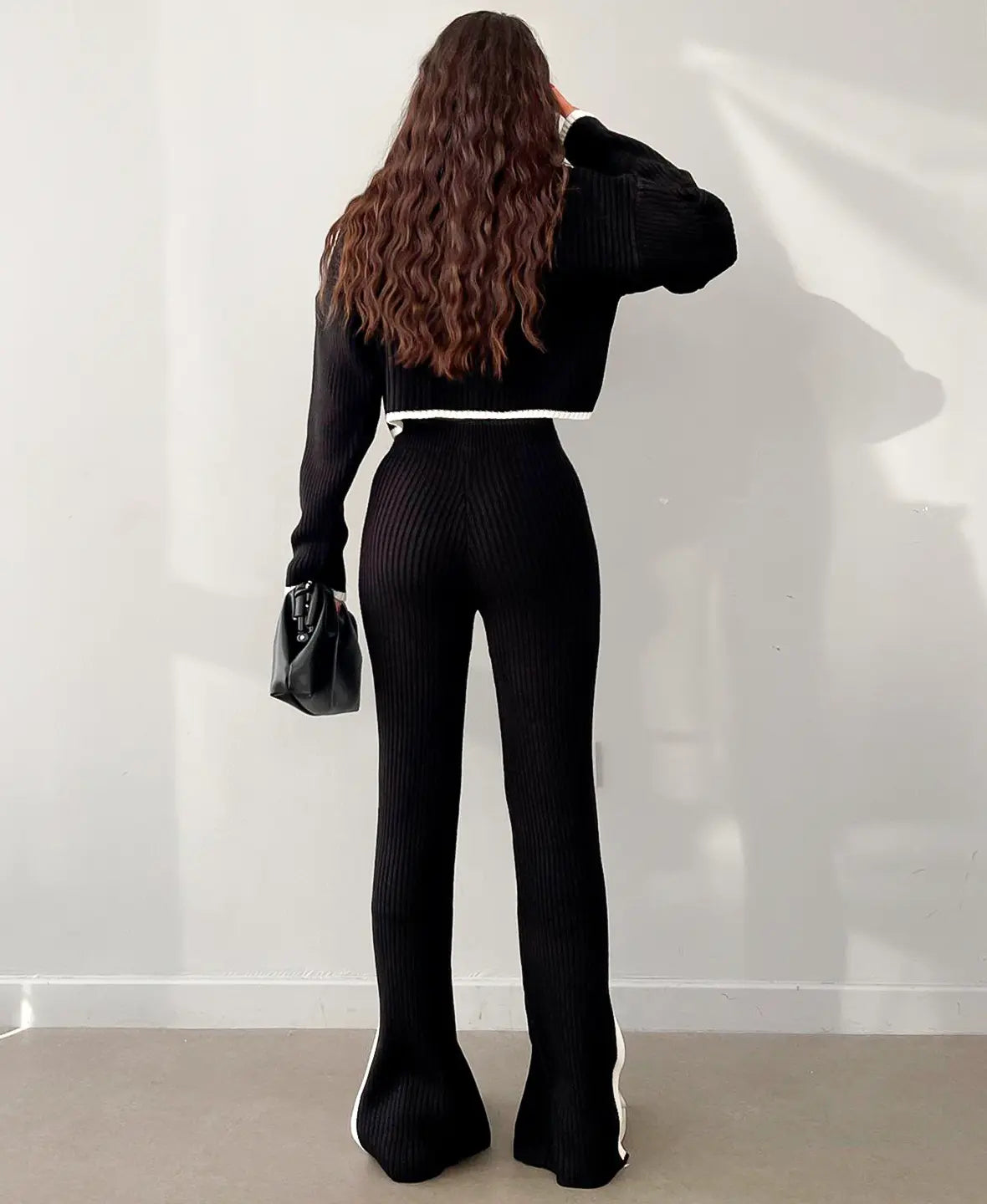 Women's Contrast Trim Rib Knit Crop Top and Trouser Two-Piece